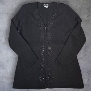 Vintage RSB Black Embellished Cardigan Zip Front Knit Sweater Jacket Large M18